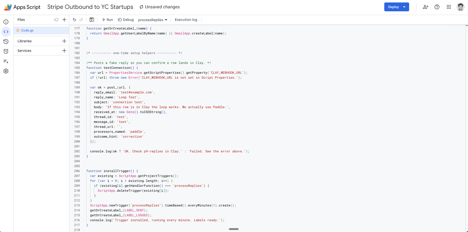 Google Apps Script editor showing the reply loop's testConnection and installTrigger functions
