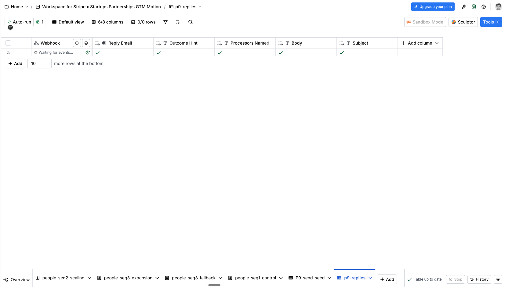 The p9-replies Clay table with its webhook column waiting for events and zero rows of data
