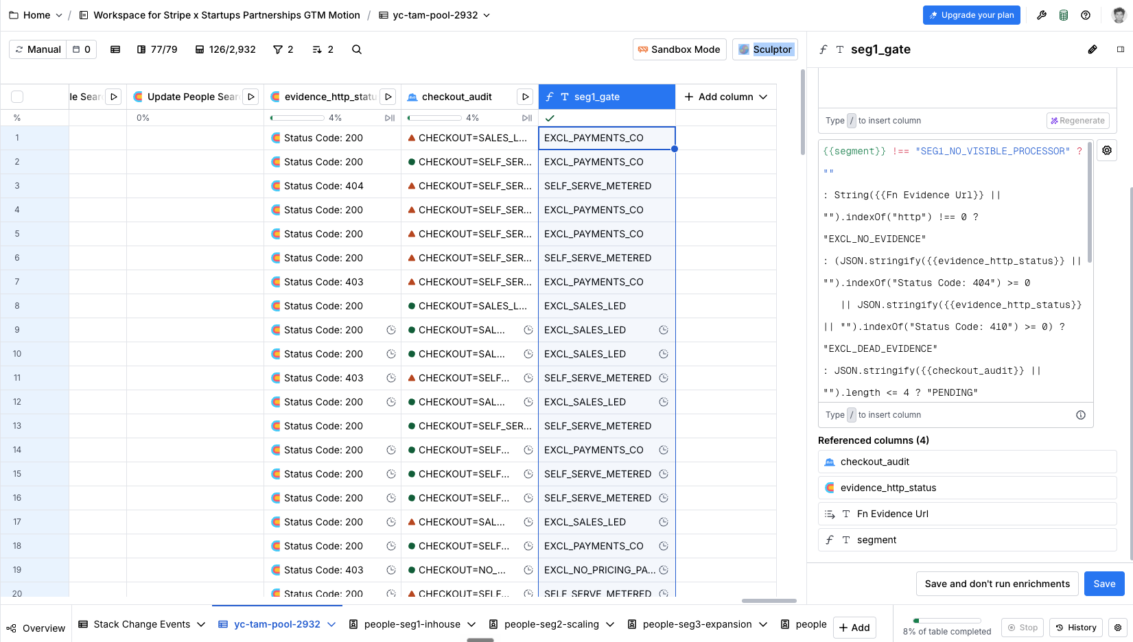 Clay formula editor open on the seg1_gate column, with verdict cells reading SELF_SERVE_METERED, EXCL_SALES_LED, and EXCL_PAYMENTS_CO